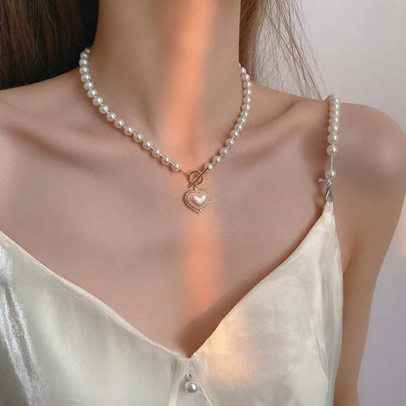 Instagram New Super Immortal Style Imitation Pearl Love Necklace Cool And Sweet Ot Buckle Collar Chain Women