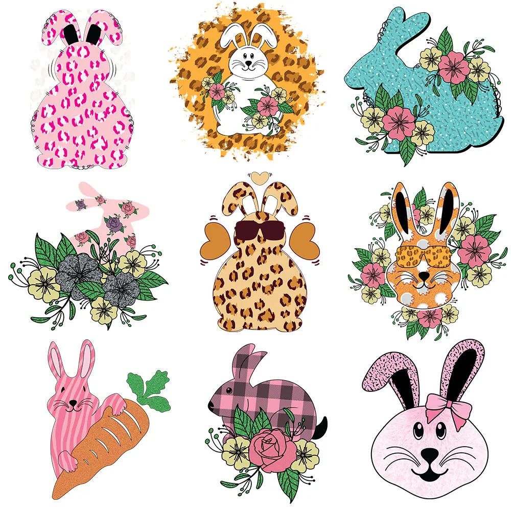 Plaid Bunny With Flower Thermo Sticker On Clothes DIY A-level Washable Iron On Transfers For Clothing Patches Decoration Set