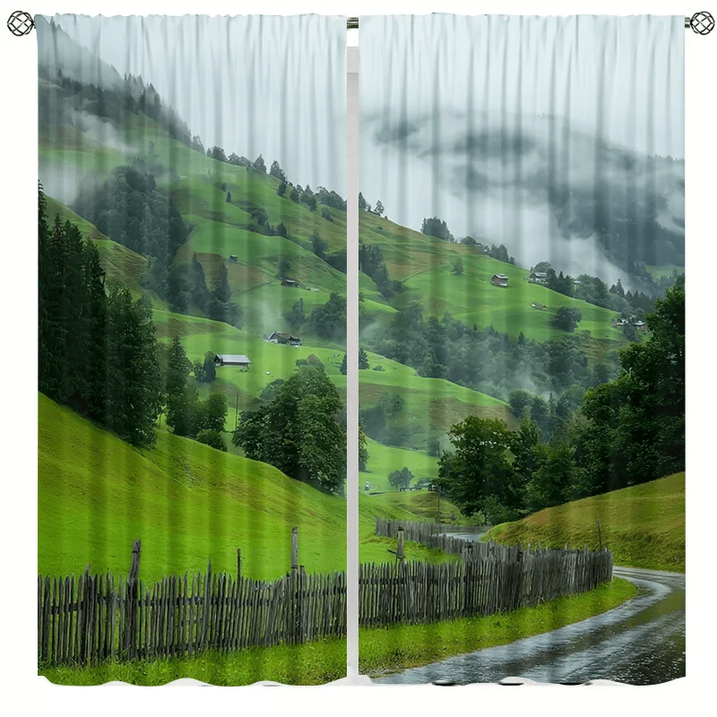 Mountain-themed greenery countryside path pattern curtains, pole-mounted. Suitable for bedrooms, dining rooms, and hotels.