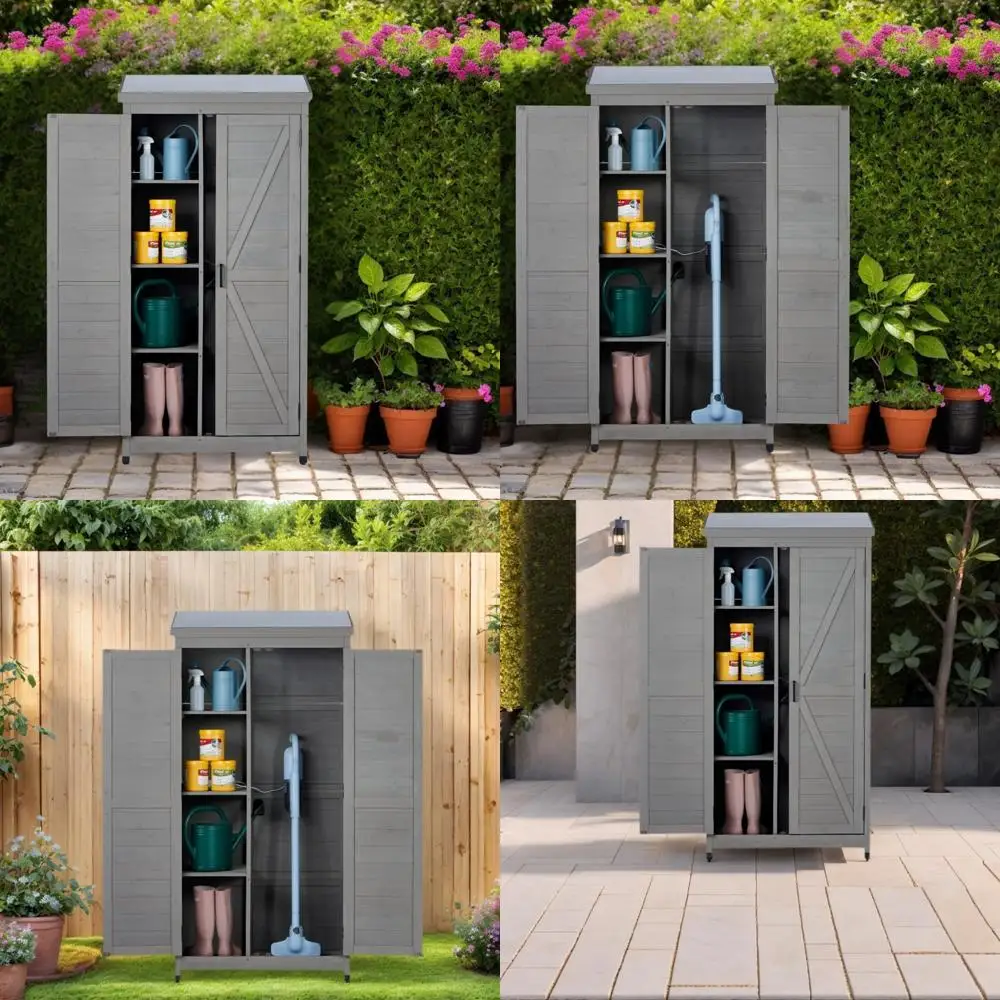 

Элегантный серый деревянный сарай для хранения на открытом воздухе с прочным металлическим вертикальным шкафом для инструментов для использования в саду и патио