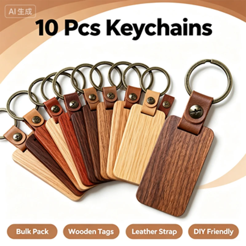 10Pcs Blank Wood Key Fobs Antique Key Ring Leather Connector Key Tags