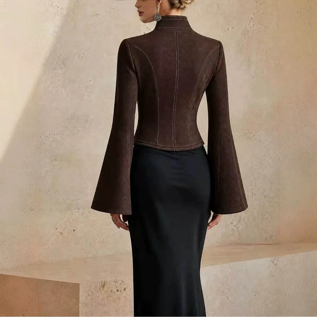 Women Faux Suede Cropped Jacket Stand Collar Full Front Zipper Flare Long Sleeve Slim Fit Vintage Short Outerwear for Street