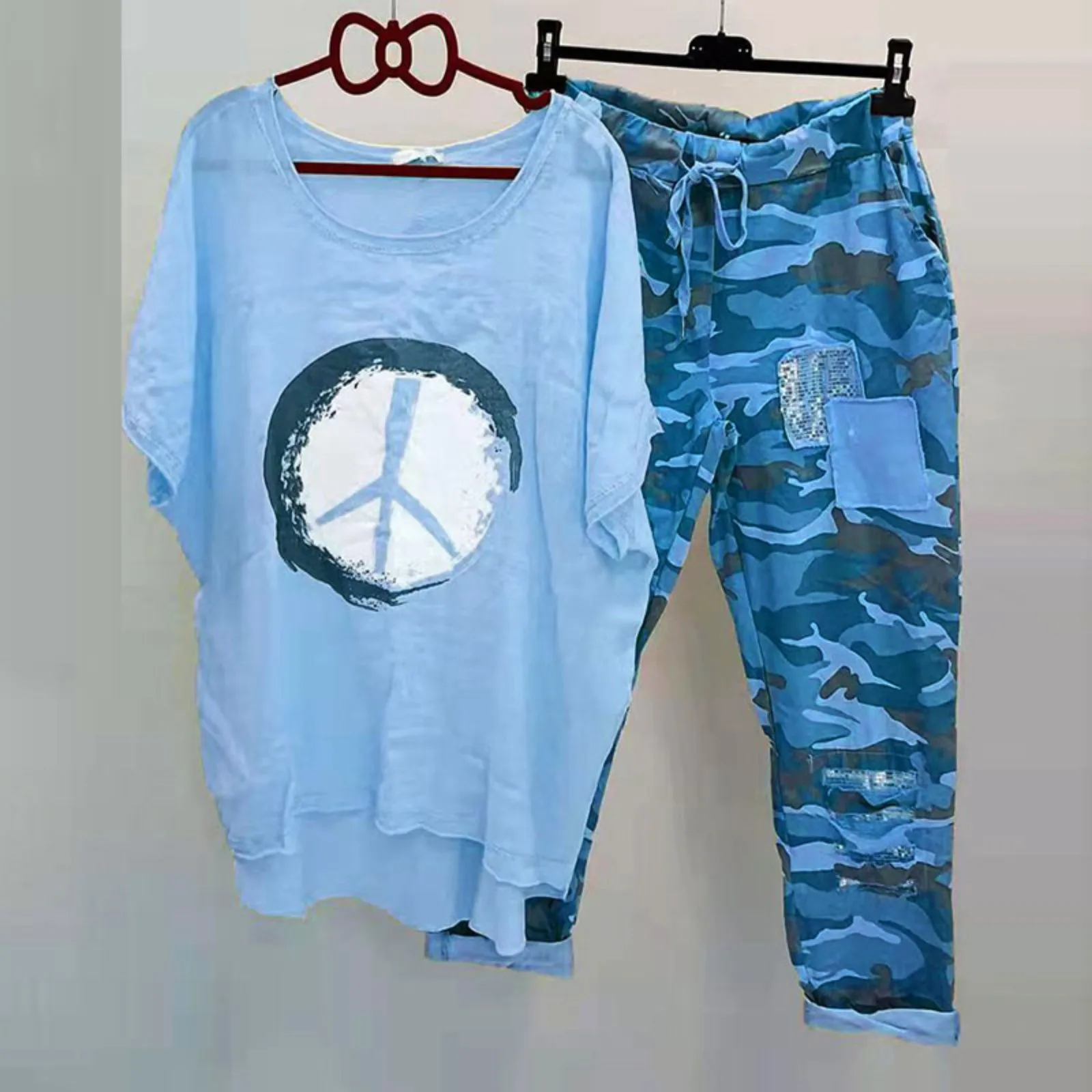 

Blouse T-shirt Wide Leg Pants Suit Lounge Print Boho Women Two Piece Suit Cotton Linen Set Spring Tracksuit Short Sleeve Tunic