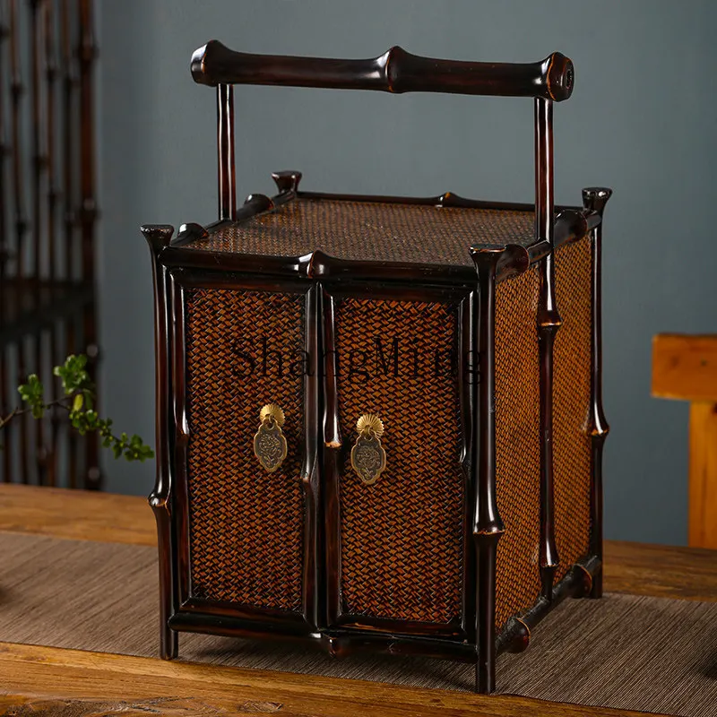 

FG desktop Ming-style tea cabinet, tea set storage cabinet with drawer bamboo woven carrying box, bamboo furniture