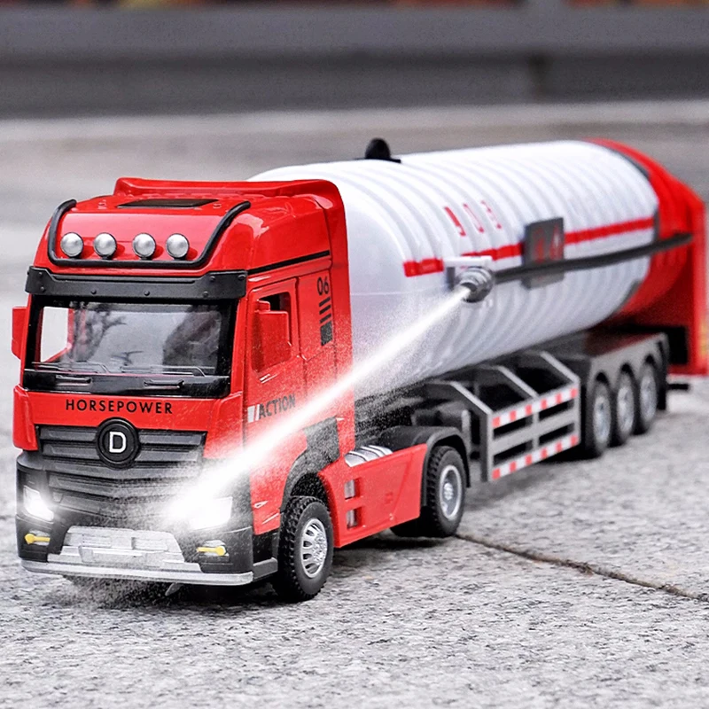 Alloy Oil Tank Truck Diecast Car Model Spray Water Truck Engineering Transport Vehicle Sound Light Trucks Simulation Toys Gifts