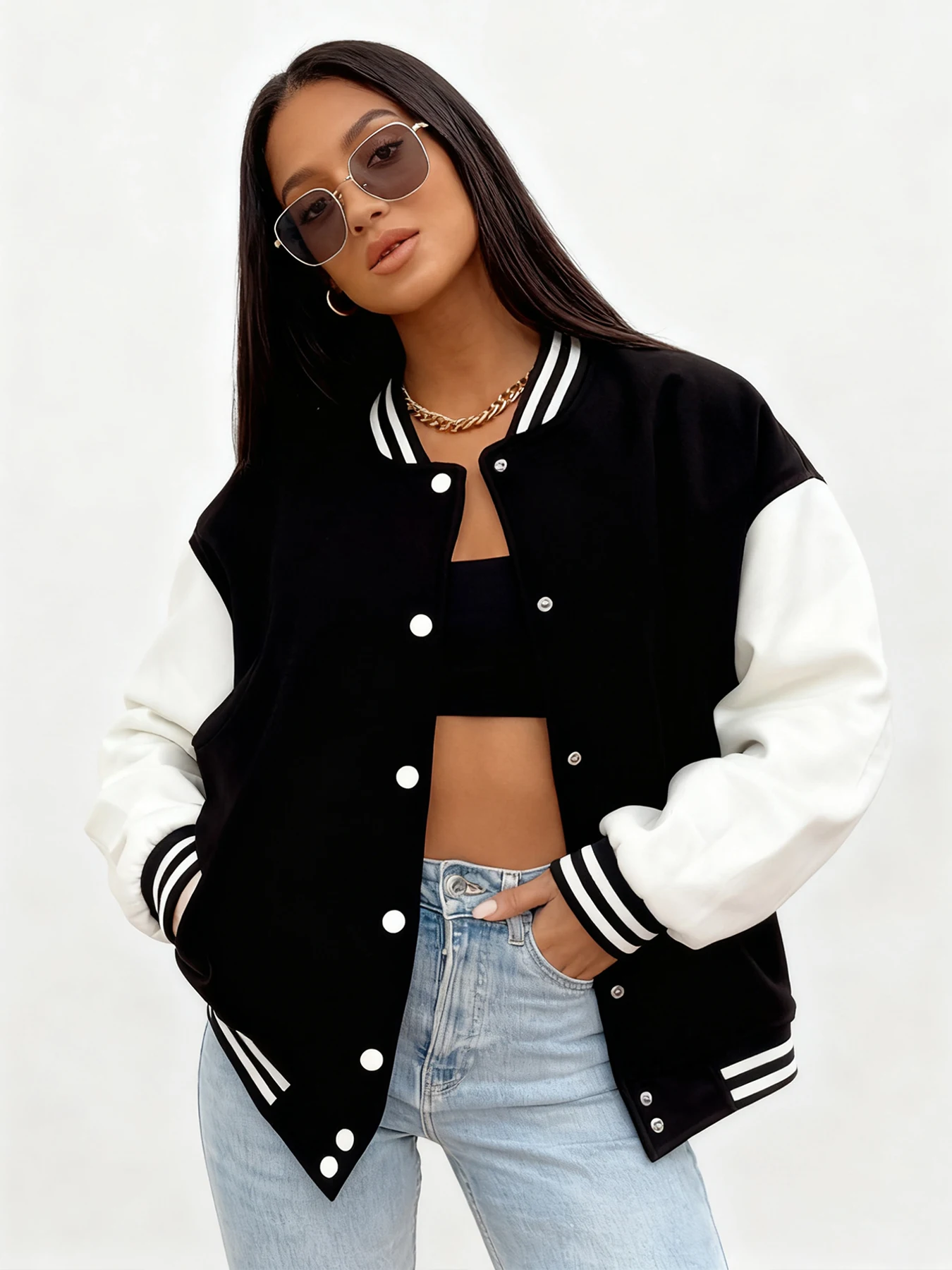 

Spring Autumn Women Jacket Solid Color Streetwear Casual Fashion Baseball Uniform Female Personality Outdoor Clothes