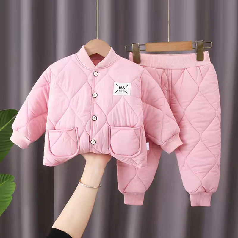 Winter Cute Girls Quilted Warm Clothes Sets Kids Boys Thicken Pullover and Thick Pants 2pcs Sets Boy Warm Suit for Kindergarten