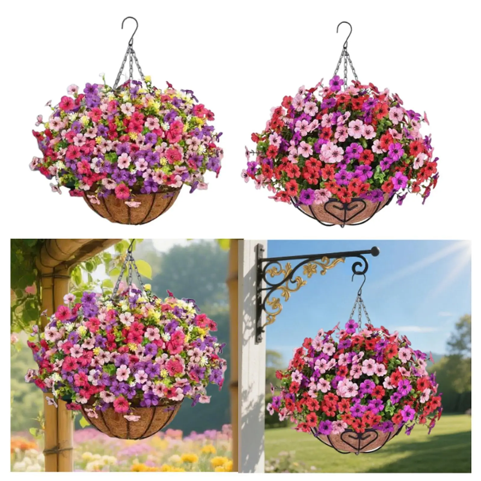 

Hanging Artificial Flowers Basket Coconut Lining Chain Flowerpot for Balcony