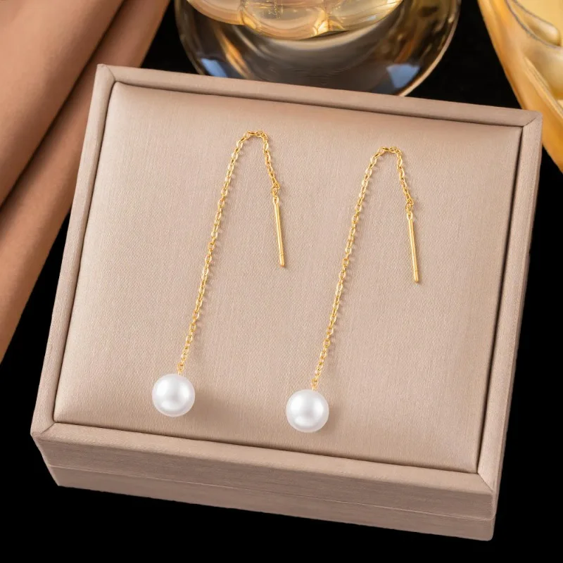 Minimalist Stainless Steel Long Tassel Pearl Threader Earrings for Women Gold Color Dainty Chain Dangle Earrings Wedding Jewelry