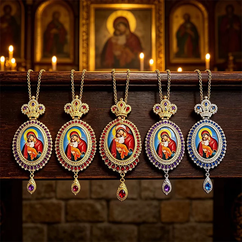 Luxury Byzantine Orthodox Theotokos Virgin Mary Icon Medallion Pendant Crown Chain Purple Red Blue Gemstone Church Religious Gif