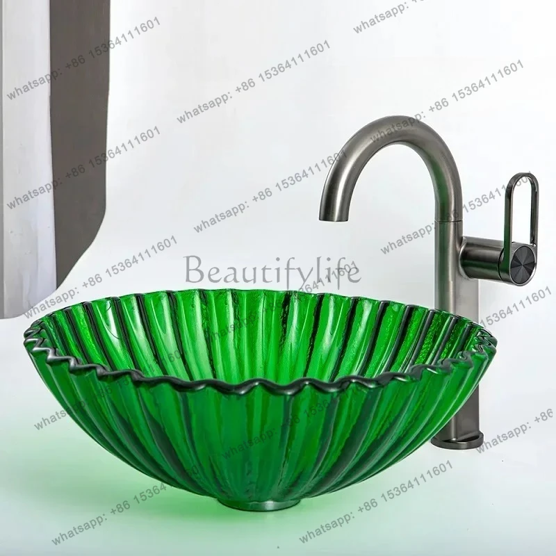 

yj9 Lavabo in vetro temperato XTempered, lavabo da tavolo creativo per bagno, lavabo artistico ondulato, verde trasparente roton