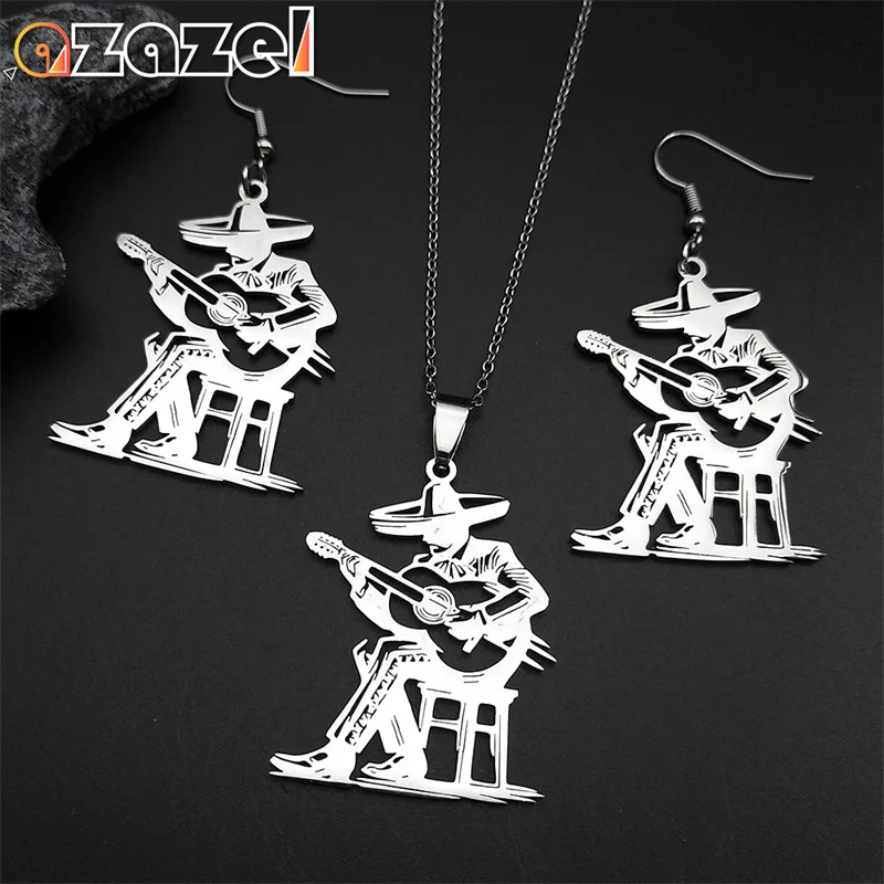 

Mexico Herdsman Play Guitar Jewelry Set For Women Men Stainless Steel Black Silver Color Countryside Necklace Jewelry Gifts