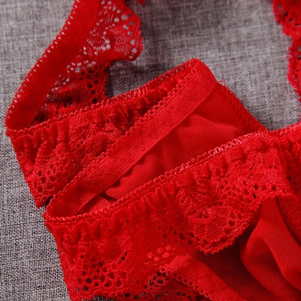 Underwear Low Waist Men's Lace Thongs Underpants Ruffle Belt Men's Mesh Lace Panties T-back Lingerie Male Briefs Men