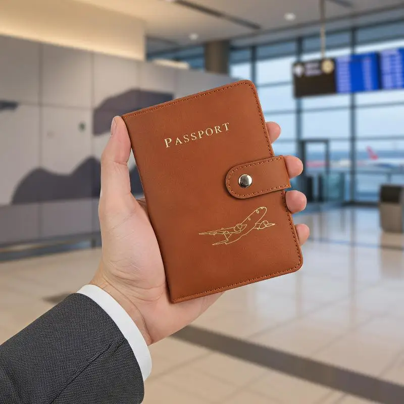 Airplane Embossed Compact Passport Cover Soft PU Leather Snap Button Travel Passport Holder for Holiday Trips