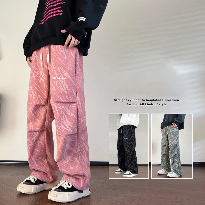 American Vintage Hip Hop Corduroy Straight Pants For Men New Letter Printed Streetwear Wide Leg Trousers Y2K Baggy Pantalones