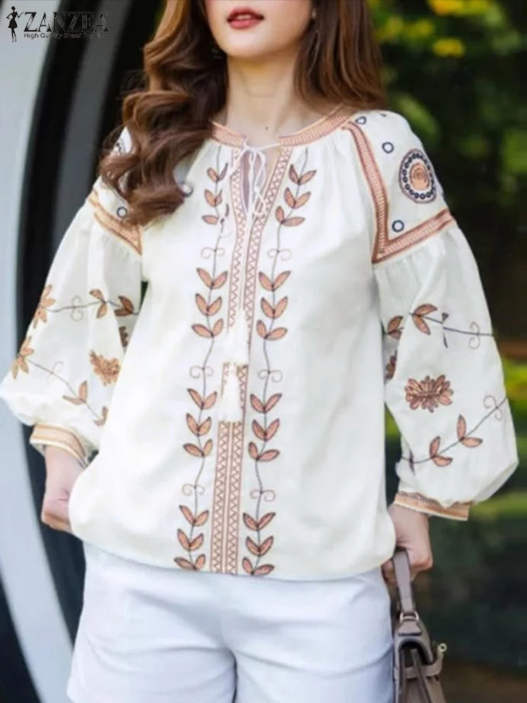 

ZANZEA блузки на шнуровке с кисточками, винтажные топы с цветочным принтом, рукава 3/4, блузки с круглым вырезом, женские блузки 2021, повседневные свободные туники большого размера