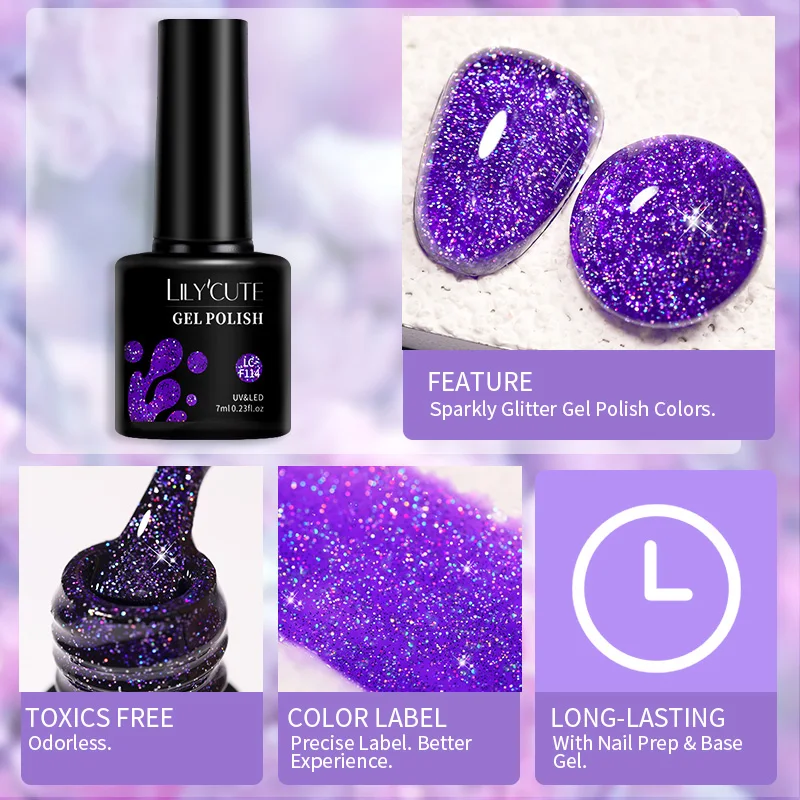 LILYCUTE Purple Glitter Sequins Gel Nail Polish Full Coverage Shiny Color Semi Permanent All For Manicure Nail Art Gel Varnish