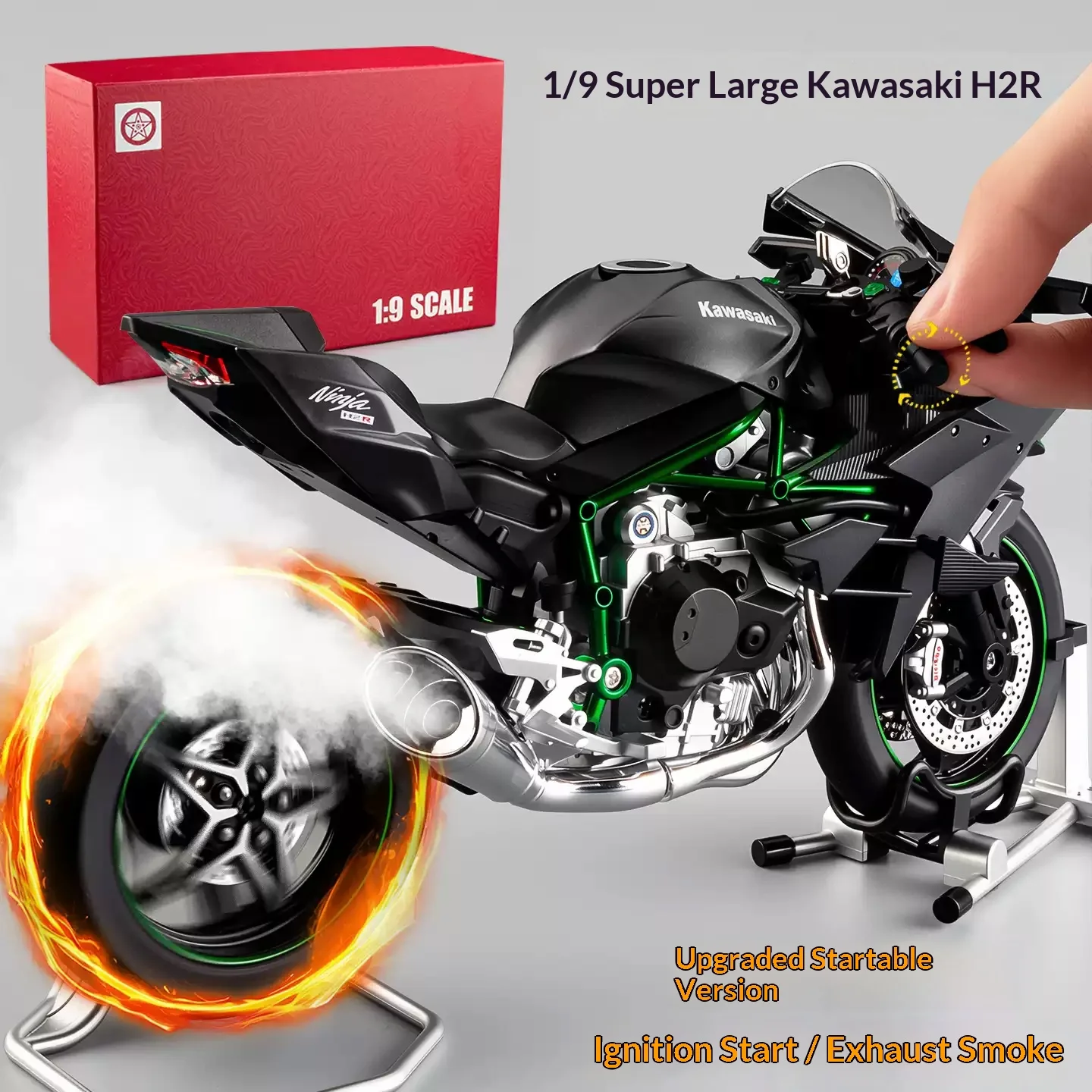 

Модель мотоцикла Kawasaki H2R в масштабе 1:9, имитация локомотива из сплава с возможностью запуска двигателя, фигурка-украшение, подарок для мальчиков