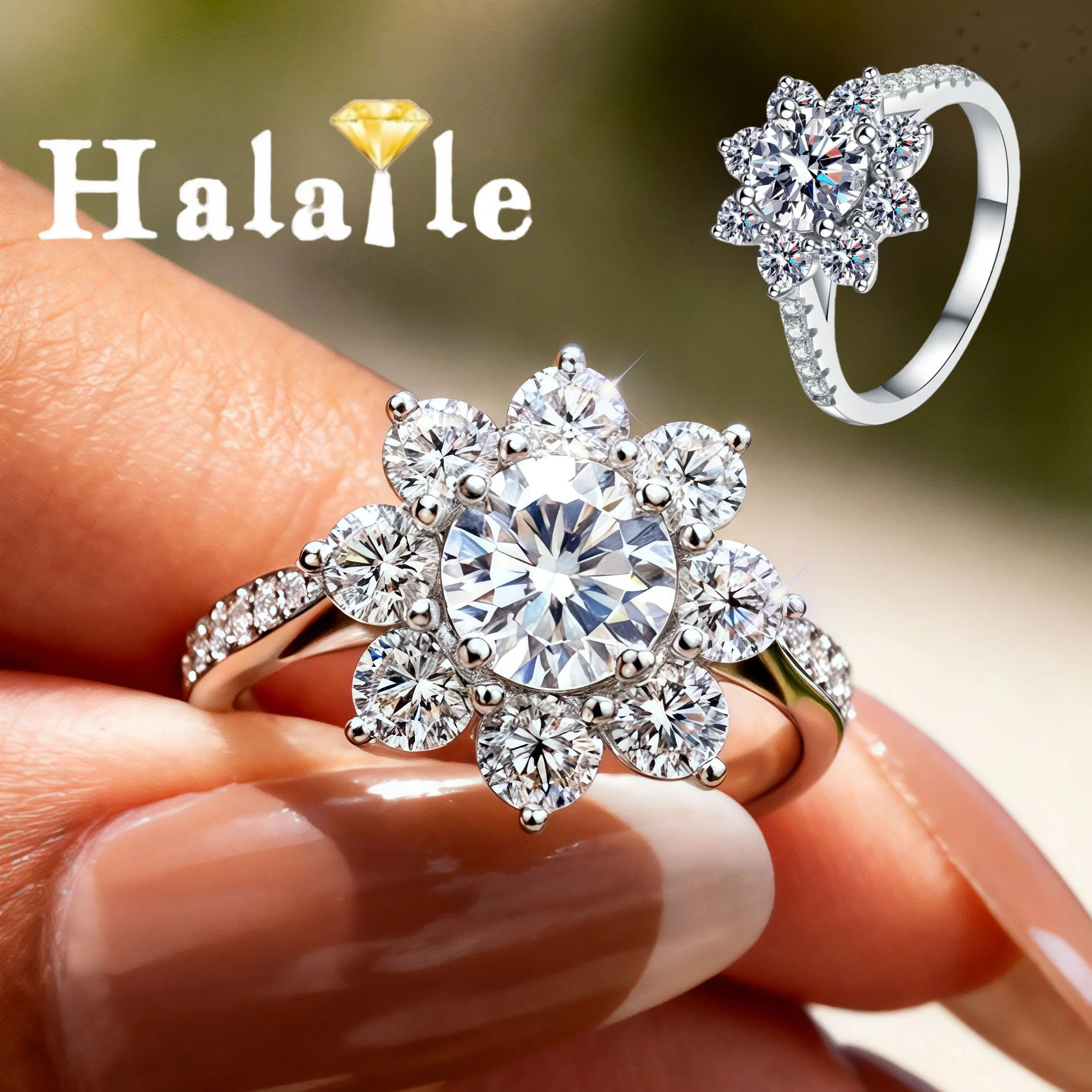 

Halaile 0.8CT All Moissanite Sunflower Ring For Women 100% S925 Sterling Silver Sparkling Fine Jewelry Fashion Dainty Elegant