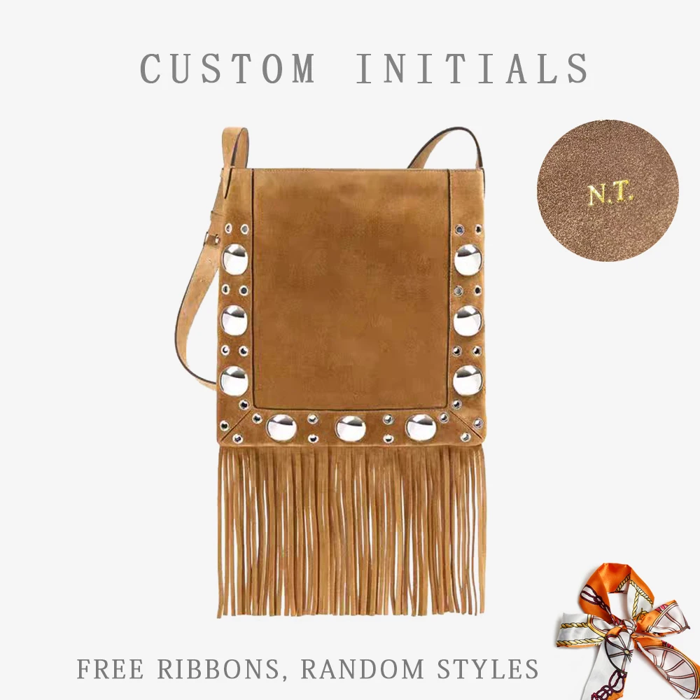 Free Custom First Letter Boho Style Niche Design Imitation Deerskin Velvet Postman Rivet Tassel One-shoulder Crossbody Women's