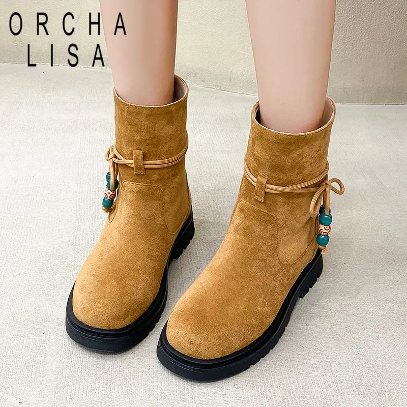 

Fashion Female Mid Calf Boots Round Toe 3.5cm Thick Bottom Slip On Flock Suede Bowknot Small Size 31 32 33 Fall