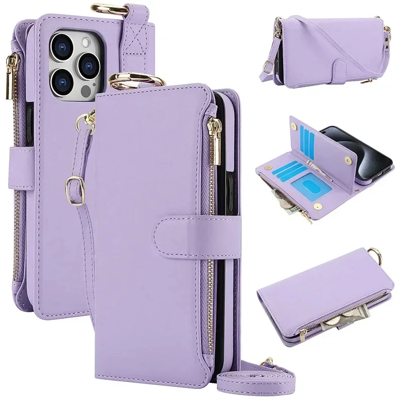 

Card Slots Zipper Leather Wallet Flip Phone Case For Iphone 17 16 15 14 13 12 11 Pro Max Plus Ring Lanyard Purse Shell Fundas