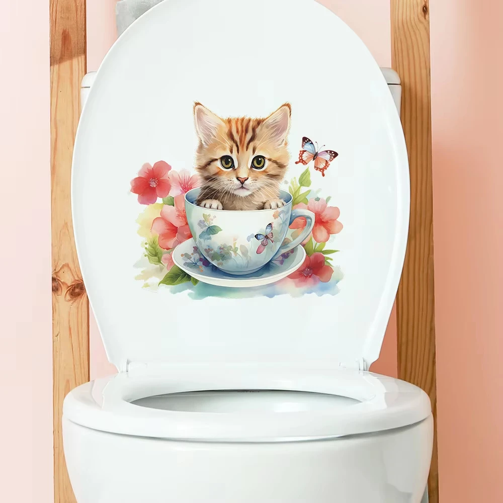 Cute Tea Cup Cat Flower Wall Sticker Self-Adhesive Bathroom Mural Toilet Decor Home Decor Room Background Cupboard Decals AA389