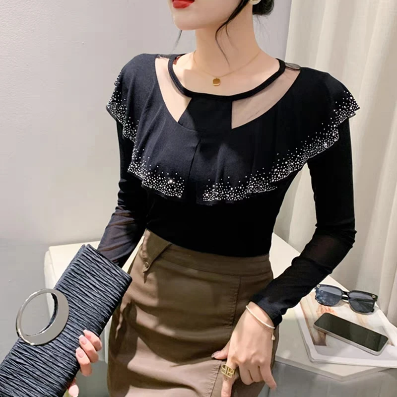 2023 Autumn New Mesh T-Shirt Fashion O-Neck Hollowed Out Ruffles Hot Diamonds Tees Elegant Long-Sleeved Tops Women\'s Blusas