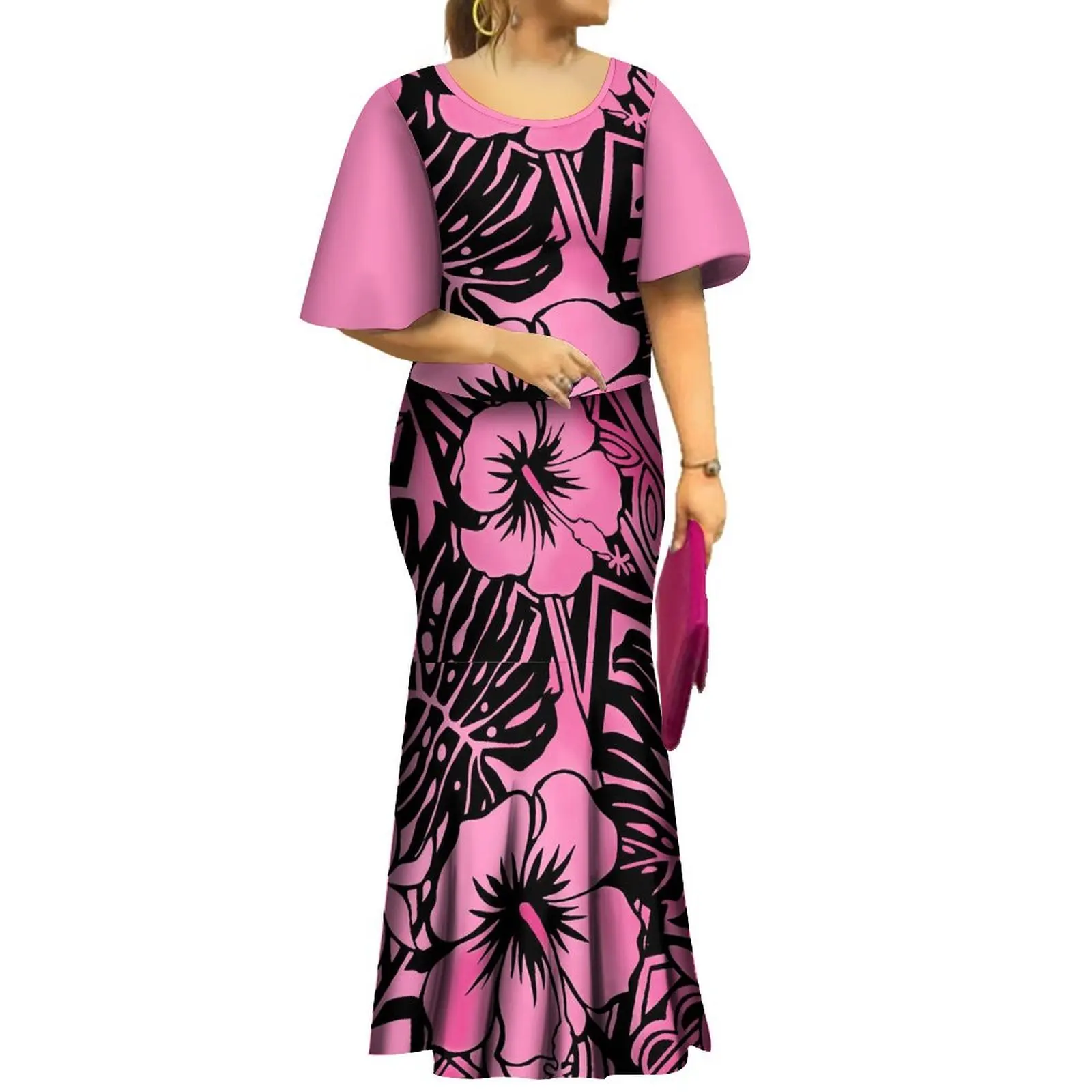 

Custom Women'S Flared Sleeve Dress Puletasi Two-Piece Polynesian Tribe Design Party Elegant Fishtail Dress