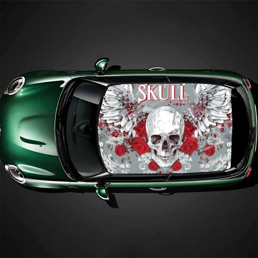 

Red and White Skull Charming Car Vinyl Wrap, PVC Car Roof Vinyl Wrap Sticker, Self-Adhesive Waterproof Scratch-Resistant Film, D