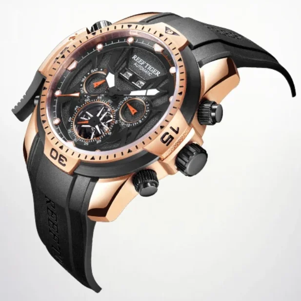 

Мужские автоматические часы Reef Tiger, 46 мм, механические наручные часы, спортивные, с несколькими циферблатами, год, месяц, дата, вечный календарь