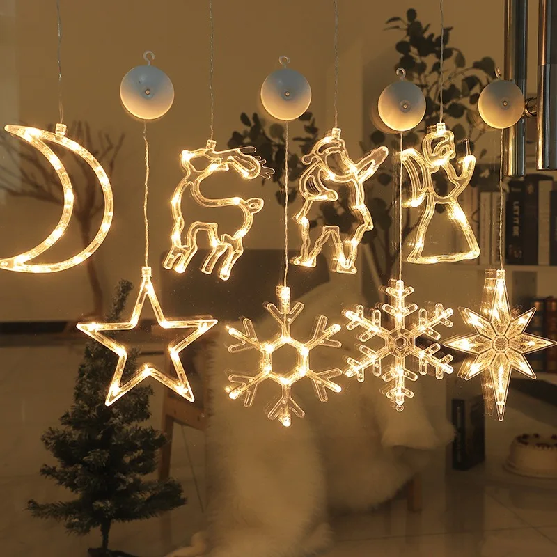 أضواء سلسلة عيد الميلاد مع أجراس الأيائل - أضواء شفط تعمل بالبطارية لستارة الغرفة ونافذة المتجر وديكور الحفلات