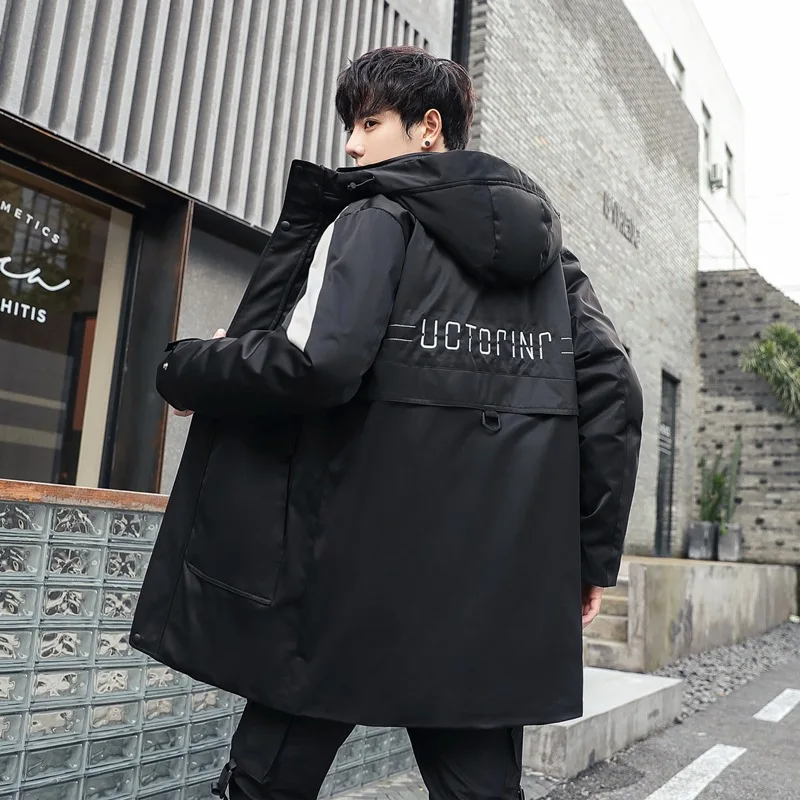 2023 New Korean Style Men's Down Jacket Mid-Length Slim Fit Hooded Trendy Brand Thickened Warm Winter Cotton Padded Jackets Coat