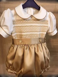 0-6Y Boy Summer Smocked White Gold Outfit Suit