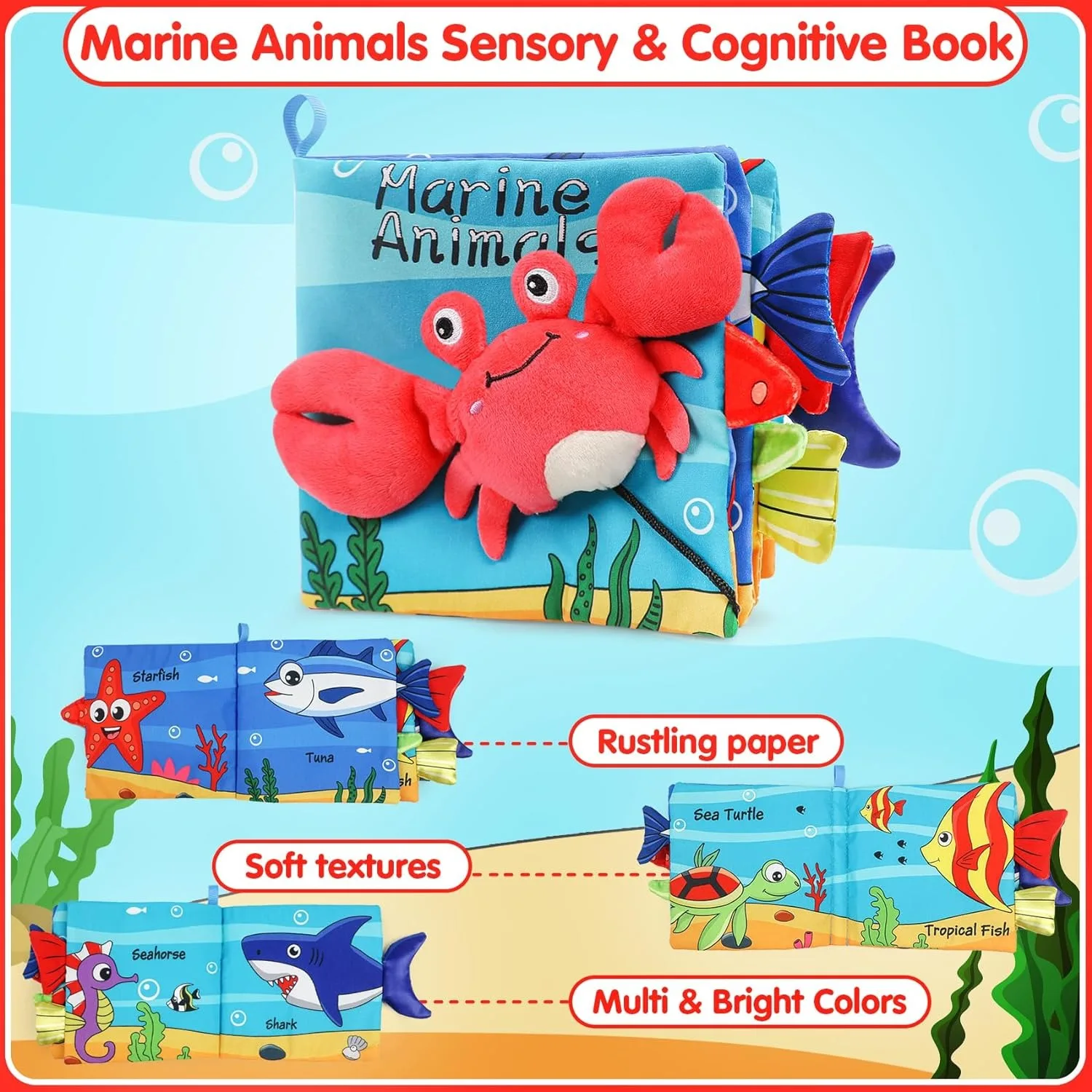 Livros macios para bebês, livro de pano crinkle, caudas de animais marinhos para bebês, desenvolvimento inicial, carrinho interativo, brinquedos macios