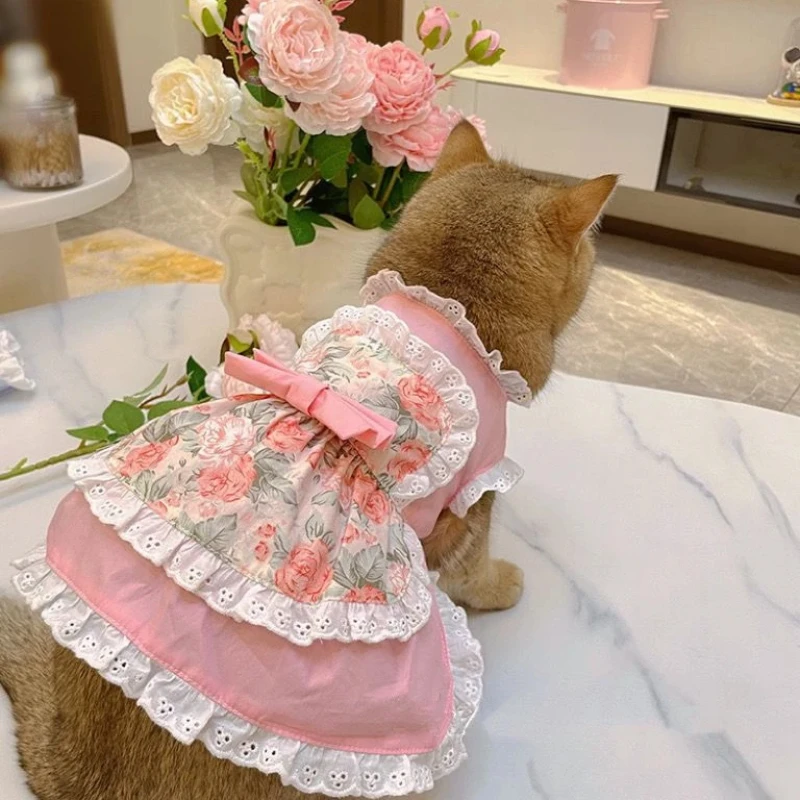 Princess cat skirt Cute Apron Dress Lace Floral Pink dog Dress for Teddy Small Dogs Puppy Clothes pink girl mascots