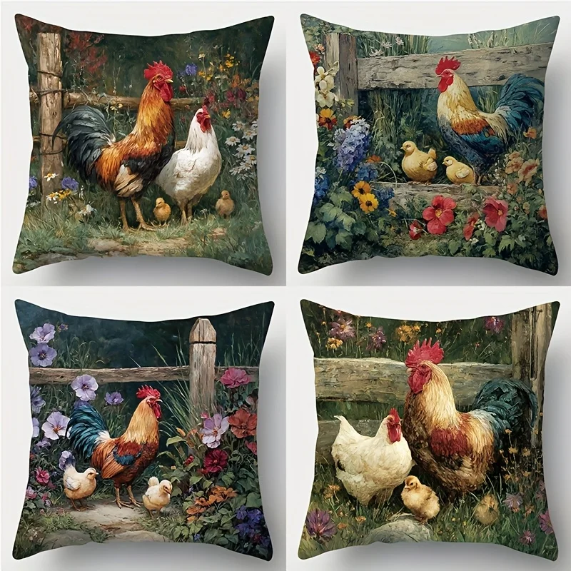 Farmhouse Chicken Flower Theme single-sided digital printing Short plush Suitable living rooms bedrooms sofas zippered closure