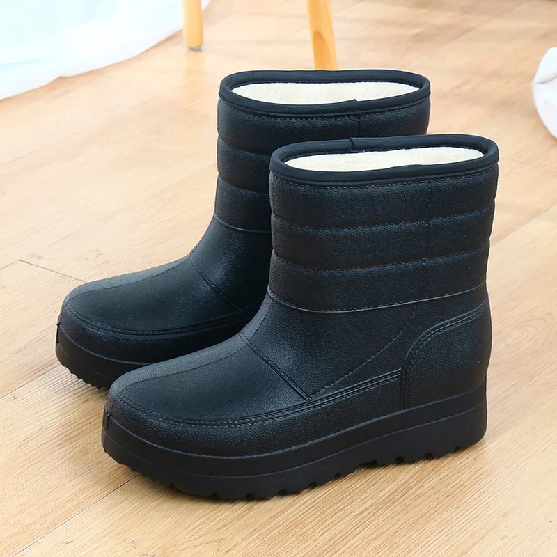 Winter New Men\'s Foam Lightweight Fleece-Lined Cotton-Padded Rain Boots Women\'s Mid-High Tube Eva Warm Waterproof Shoes