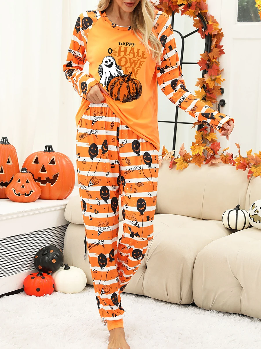 Women\'s Halloween Pajamas Set Ghost Pumpkin Print Long Sleeve Round Neck Tops with Elastic Waist Long Pants Loungewear