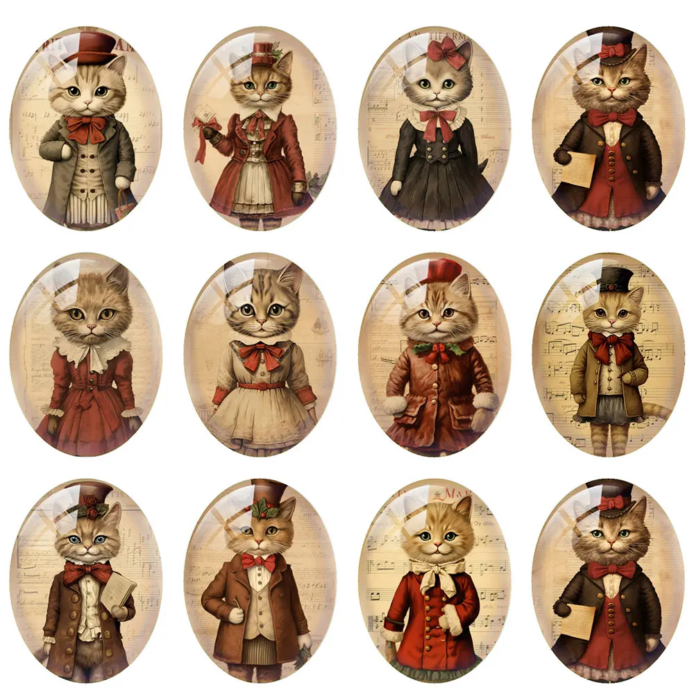 10pcs/lot Christmas X-mas Winter Cute Cats Pets Oval Photo Glass Cabochon Flatback Demo Cameo For Diy Jewelry Making