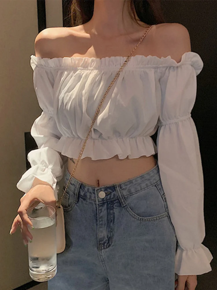 Korean style pure desire one shoulder wooden ear bubble sleeve top for women, short cut waist exposed long sleeved shirt