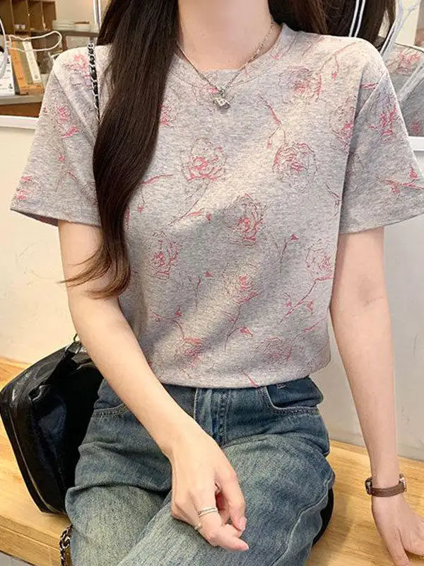 

Loose Printed Short Sleeve Women's T-Shirt Summer Elegance Versatile Mom's Top Quality Polyester Fiber Commute Style