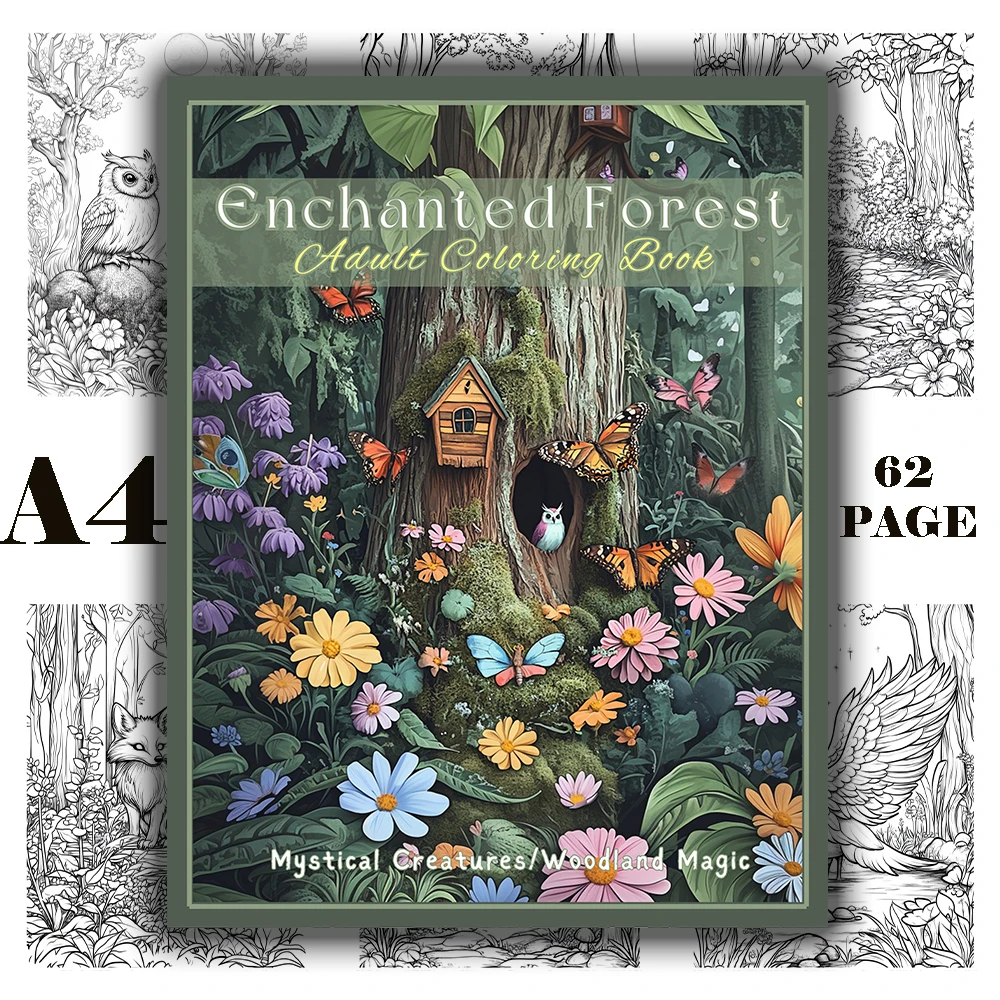 Enchanted Forest Adult Coloring Book 62 sheets of paper of Magical Creatures Whimsical Woods A4 SizeHand-Drawn Fantasy Scenes,