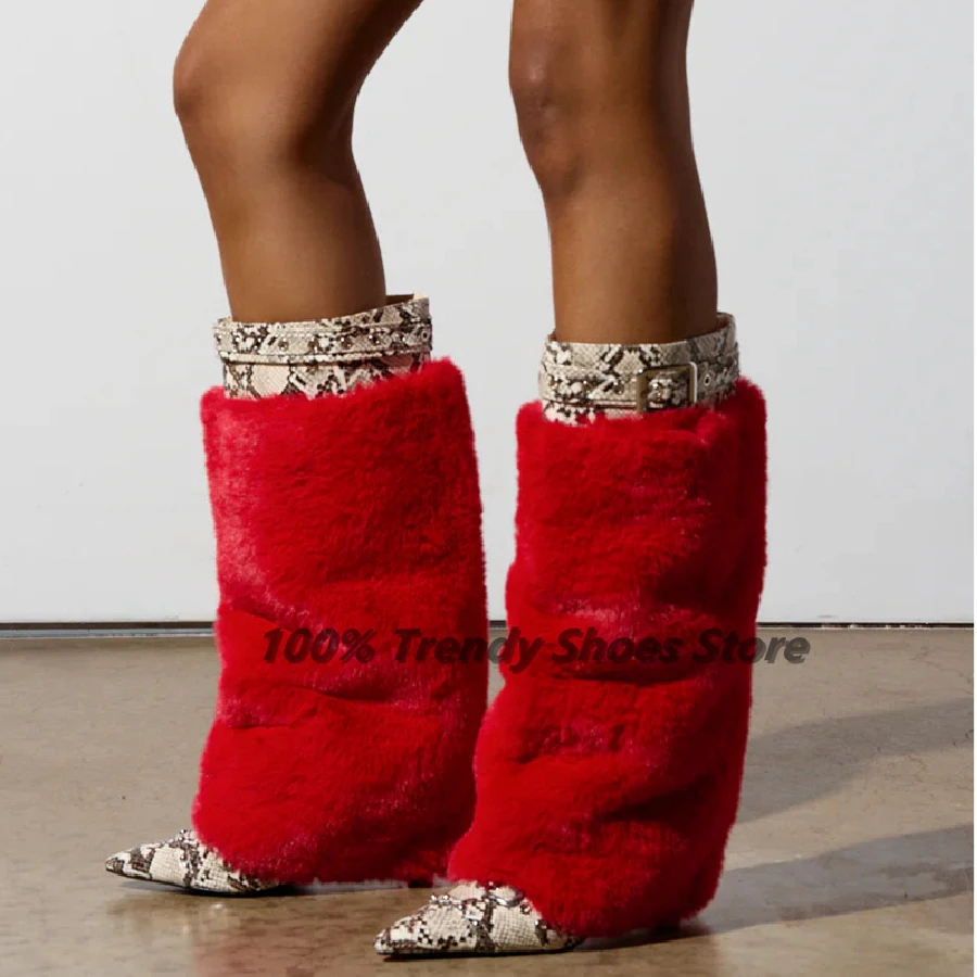 

Fashion Runway Stage Fashion Thin Heeled Snake Patterned Short Boots Plush Red European and American Hot Selling