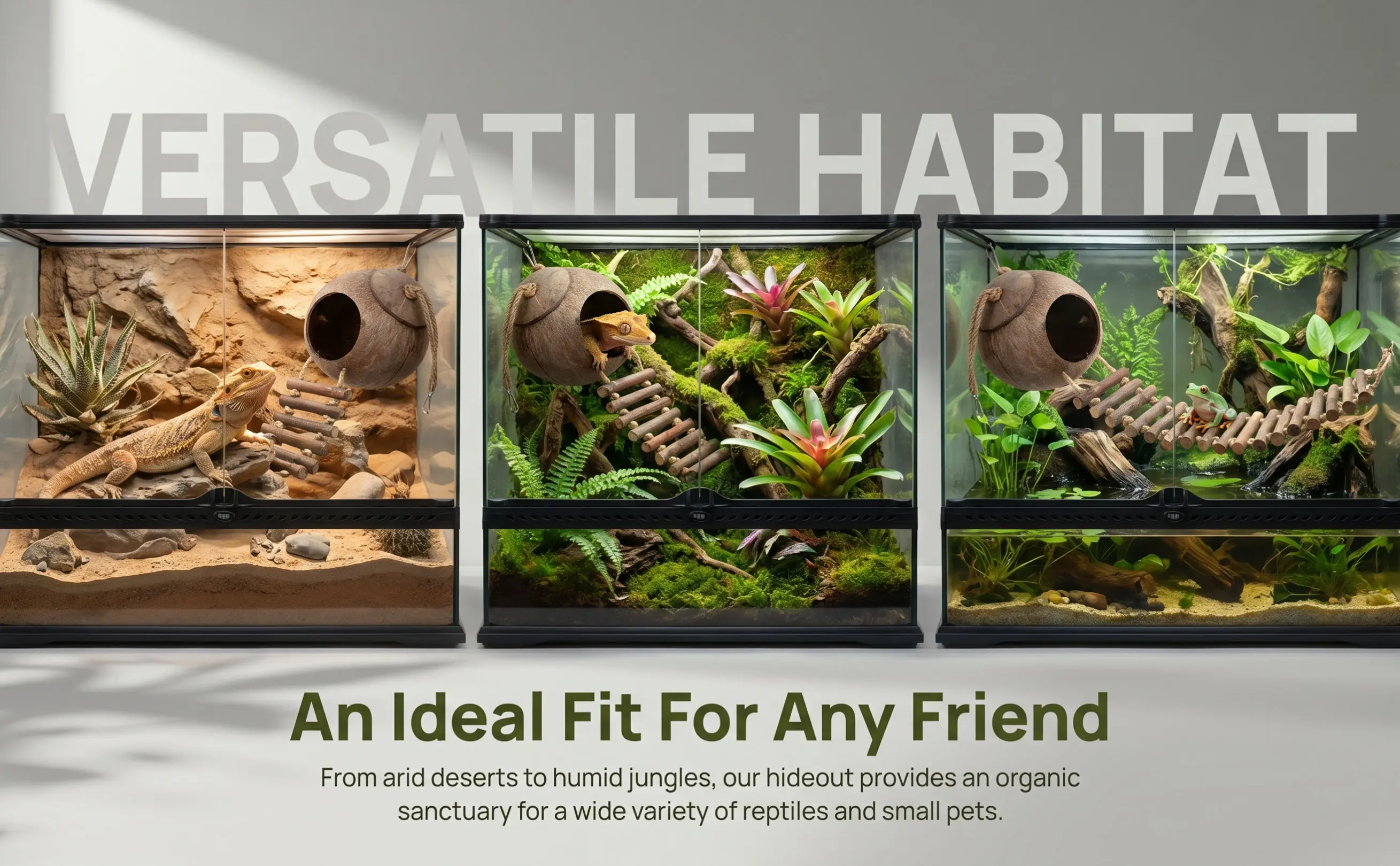 Decorative Reptile Shelter Coconut Shell Hideout Ladder Small Lizard Turtle Tank Ornament Reptile Hideout Gecko Hide with Ladder