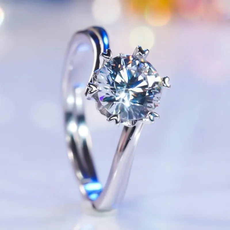 Moissanite snowflake ring with floral motif and natural aesthetic, electroplated metal band, 1-carat simulated stone, open adjus