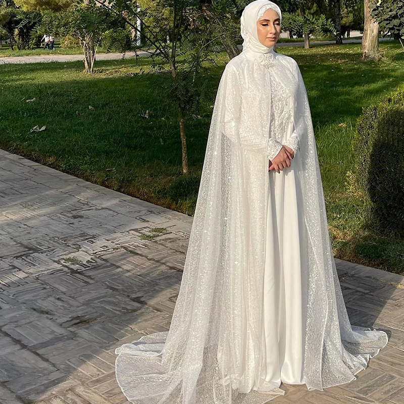 Elegant Muslim Wedding Dresses with Cape High Neck Long Sleeves Sequined Appliques Hijab Bride Bridal Gowns Customized