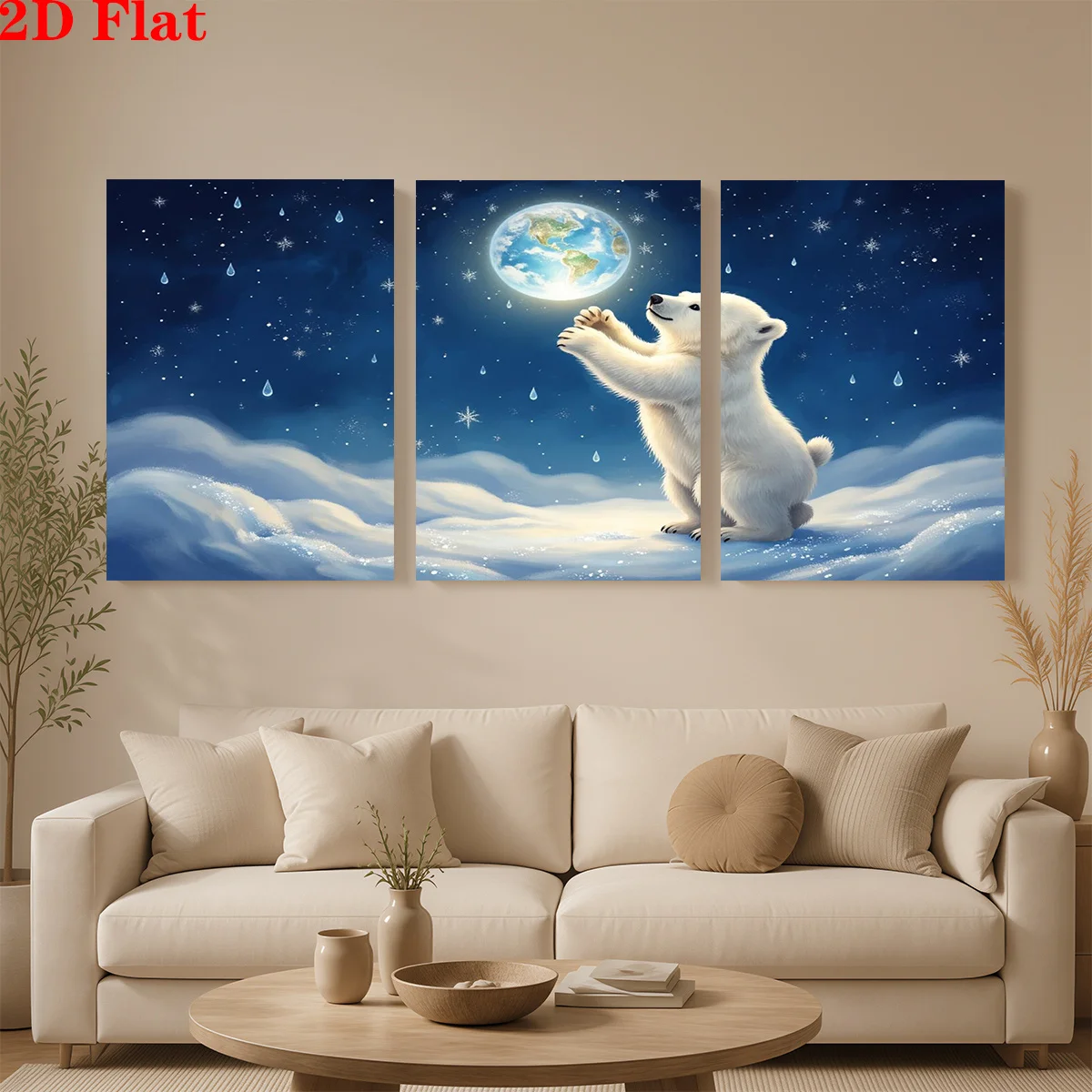 Frameless 2D 3pcs Canvas Art Wall Hanging- A polar bear reaches for Earth. Suitable for Decorating Offices, Dining Rooms, Liv