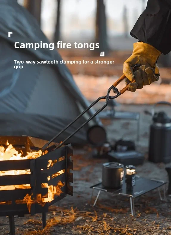 

2026 Camping Fire Poker with Leather Cover BBQ Charcoal Clips Carbon Steel Bonfire Firewood Clip Anti-Scald Outdoor Camping