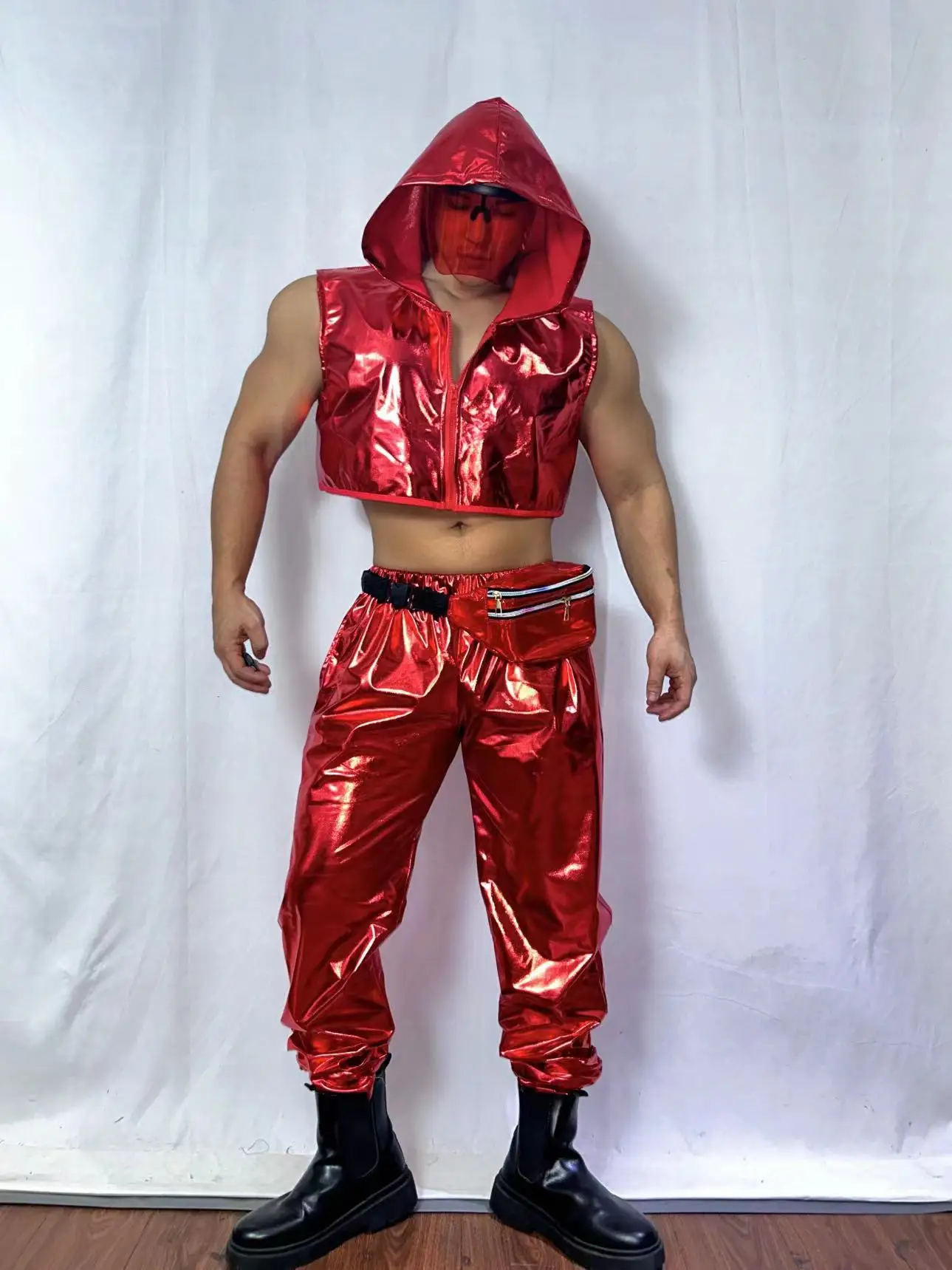 ヒップホップジャズパフォーマンス衣装レッドレザーベストパンツセットステージウェアナイトクラブバーゴーゴー男性ストリートダンスコスチュームダンサーグループ